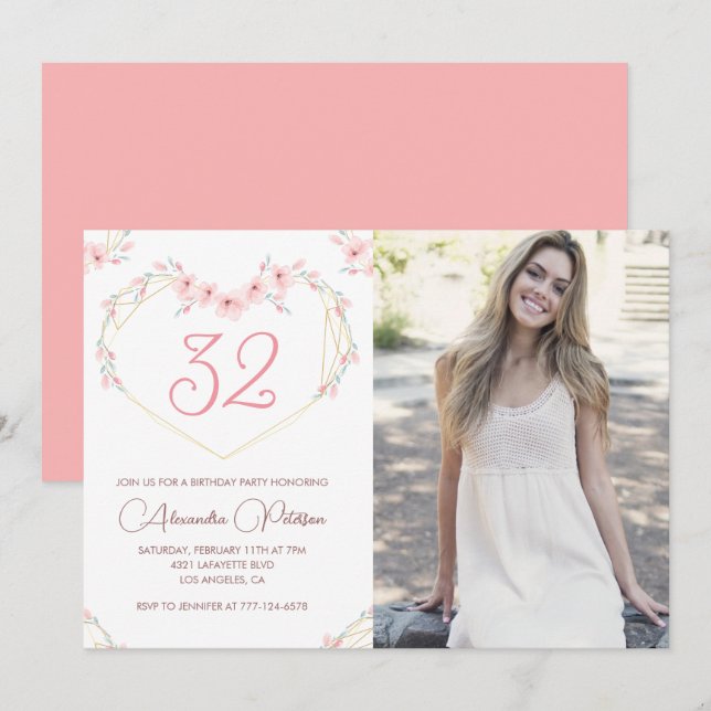 Cartes d'invitation pour les 32 ans Boho Floral Ph (Devant / Derrière)