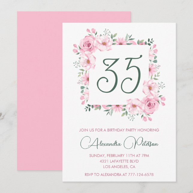 Cartes d'invitation pour les 35 ans Floral Élégant (Devant / Derrière)