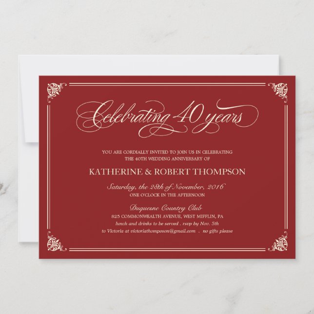 Cartes d'invitation pour les 40 ans de mariage Rub (Devant)
