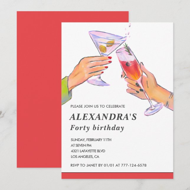 Cartes d'invitation pour les 40 ans Fête Cocktail  (Devant / Derrière)