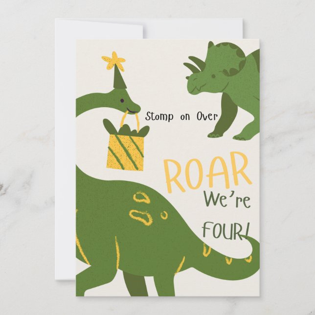 Cartes d'invitation pour les 4 ans de jumeaux dino (Devant)