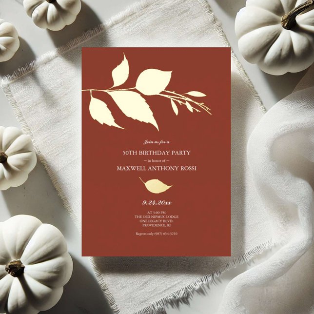 Cartes d'invitation pour les 50 ans avec feuilles  (Fall leaves 50th birthday invitations by Victoria Grigaliunas of Do Tell A Belle)