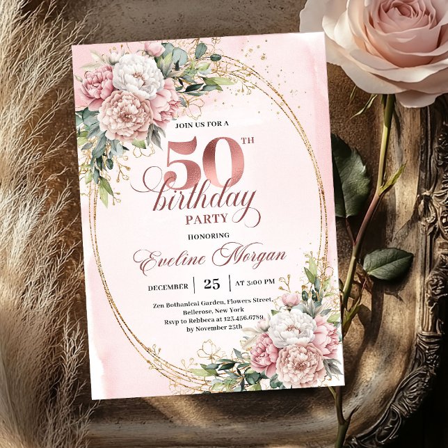 Cartes d'invitation pour les 50 ans de Chic Botani (Chic Botanical Blush 50th Birthday Party Invitation)