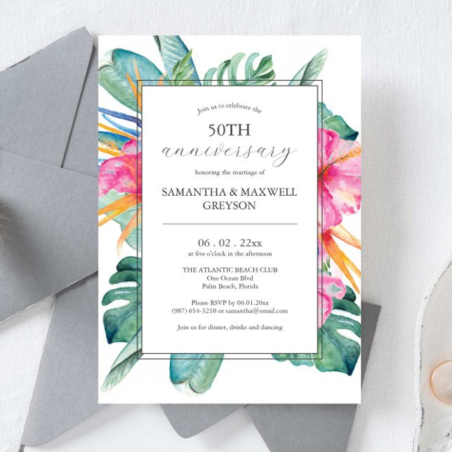 Cartes d'invitation pour les 50 ans de mariage Tro (50th anniversary wedding anniversary invitations watercolor  tropical flowers and palm leaves)