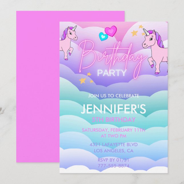 Cartes d'invitation pour les 5 ans Licorne Rose Vi (Devant / Derrière)