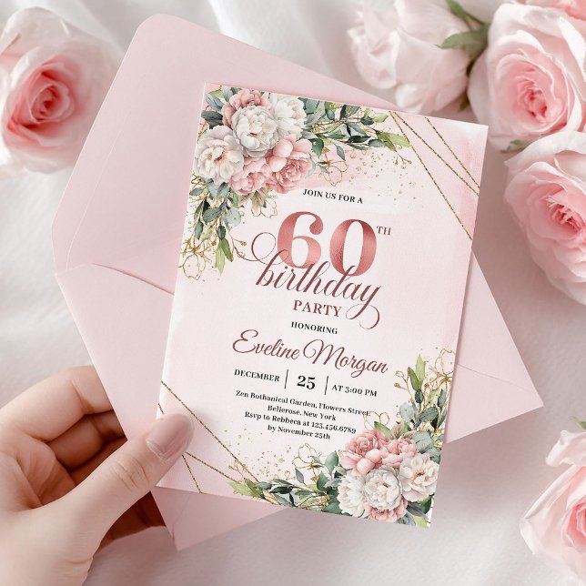 Cartes d'invitation pour les 60 ans avec motifs bo (Rose Gold Botanical Greenery 60th Birthday Invitation)