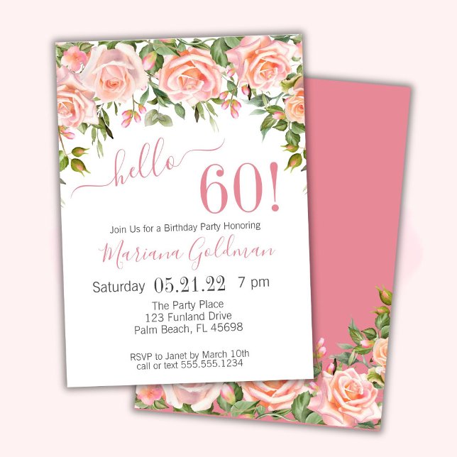 Cartes d'invitation pour les 60 ans Fleurs roses M (Créateur téléchargé)