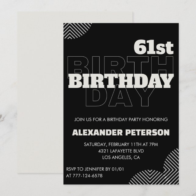 Cartes d'invitation pour les 61 ans d'hommes noirs (Devant / Derrière)
