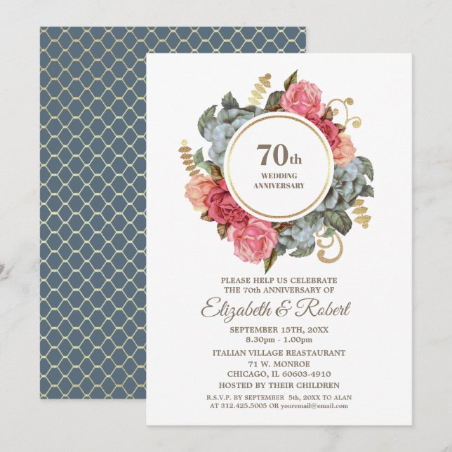Cartes d'invitation pour les 70 ans de mariage (Devant / Derrière)