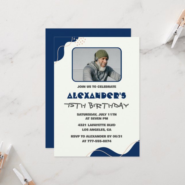 Cartes d'invitation pour les 75 ans Hommes Navy Si (Devant/Arrière en situation)