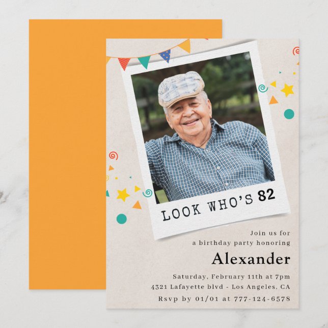 Cartes d'invitation pour les 82 ans avec photo drô (Devant / Derrière)