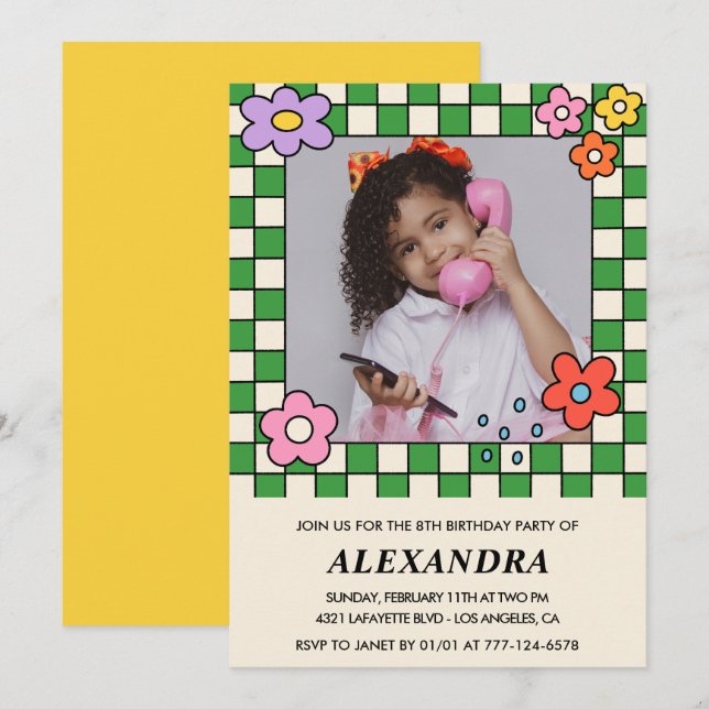 Cartes d'invitation pour les 8 ans Fleurs Rétro Gr (Devant / Derrière)