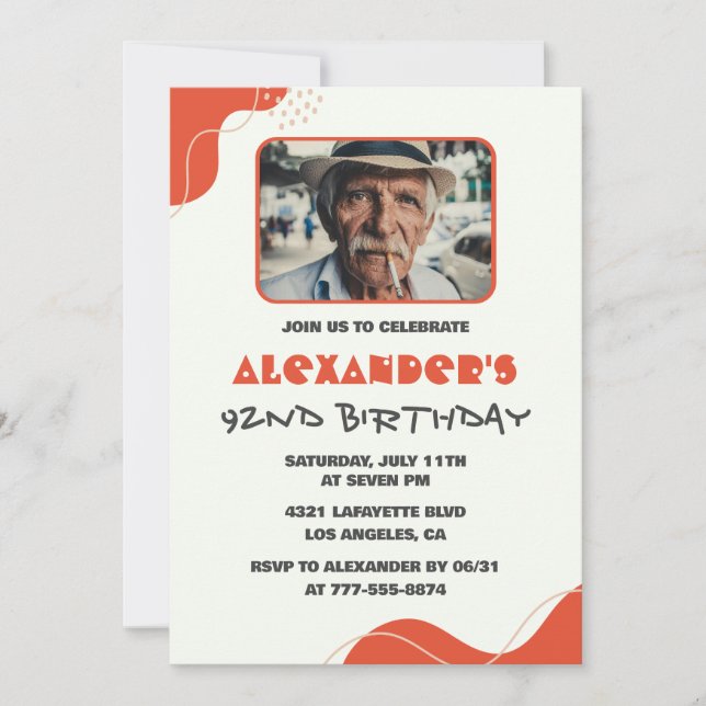 Cartes d'invitation pour les 92 ans des hommes bla (Devant)