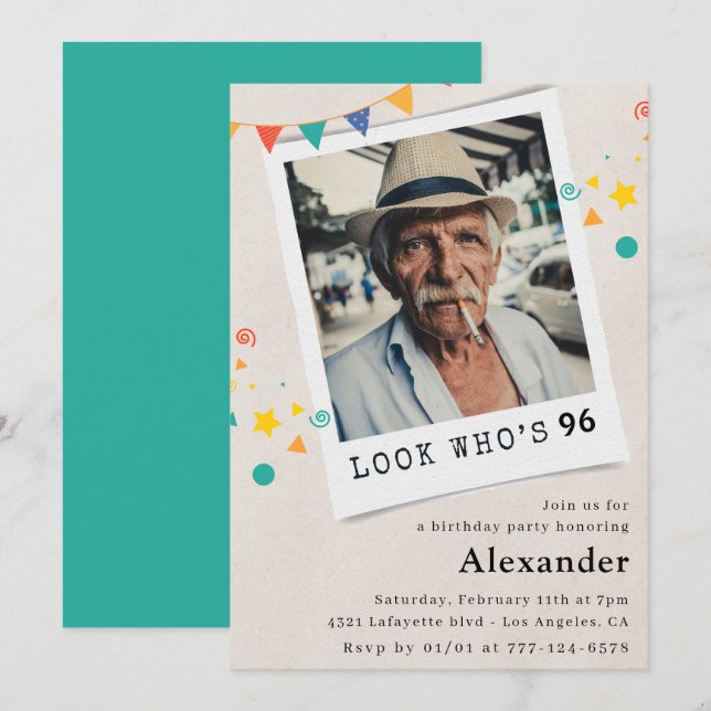 Cartes d'invitation pour les 96 ans d'hommes drôle (Devant / Derrière)