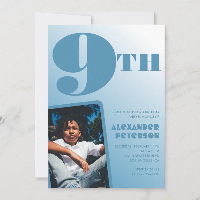 Cartes d'invitation pour les 9 ans avec photo bleu (Devant)