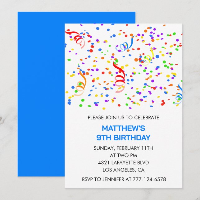 Cartes d'invitation pour les 9 ans Confetti Arc-en (Devant / Derrière)
