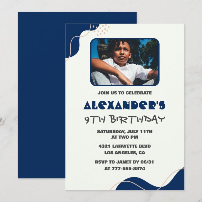 Cartes d'invitation pour les 9 ans garçon marine s (Devant / Derrière)