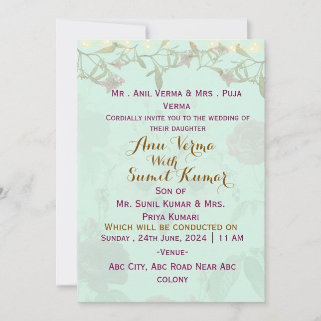 Cartes d'invitation pour mariage indien  (Devant)