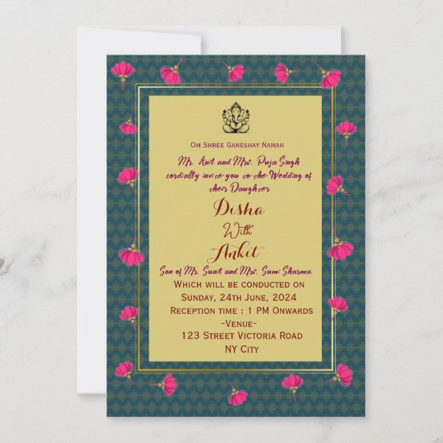 Cartes d'invitation pour mariage indien  (Devant)