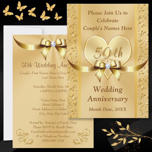 Cartes d'invitation pour noces d'or - 50 Ans de Ma (Personalized 50th Wedding Anniversary Invitations. Golden anniversary invitations, with Gold Heart. )