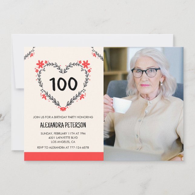 Cartes d'invitation pour ses 100 ans pour son Cœur (Devant)