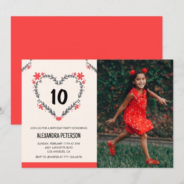 Cartes d'invitation pour ses 10 ans Floral Heart (Devant / Derrière)