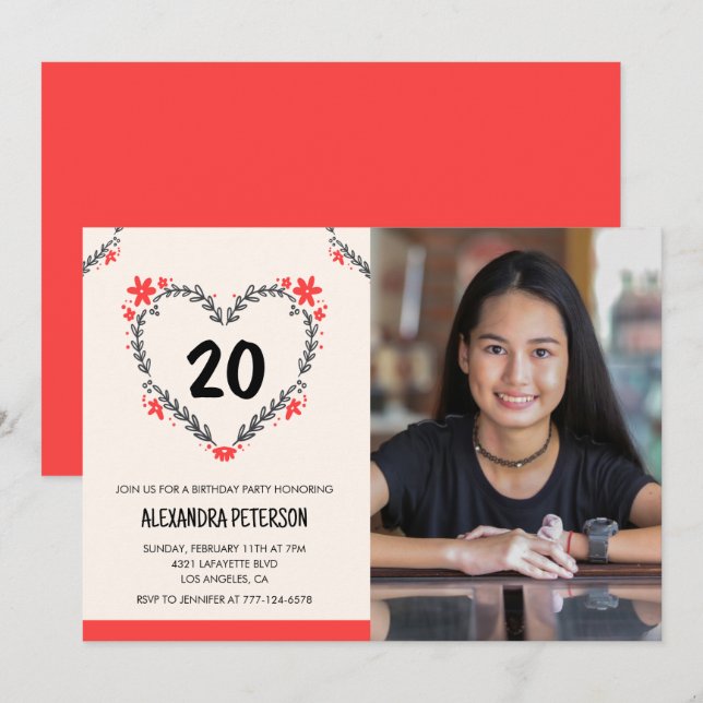 Cartes d'invitation pour ses 20 ans Floral Heart (Devant / Derrière)