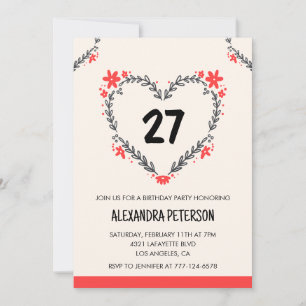 Cartes d'invitation pour ses 27 ans florales cœur