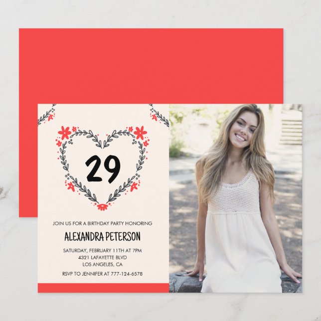 Cartes d'invitation pour ses 29 ans Floral Heart (Devant / Derrière)