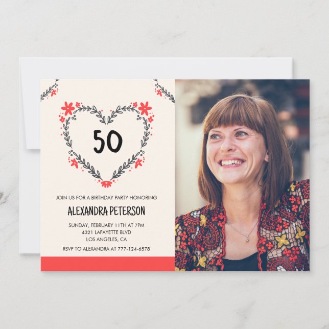 Cartes d'invitation pour ses 50 ans Floral Heart (Devant)