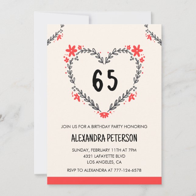 Cartes d'invitation pour ses 65 ans florales cœur (Devant)
