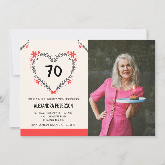 Cartes d'invitation pour ses 70 ans Floral Heart (Devant)