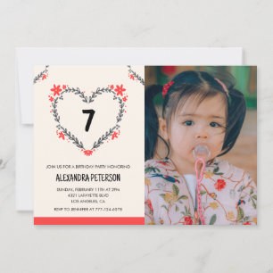Cartes d'invitation pour ses 7 ans Cœur floral