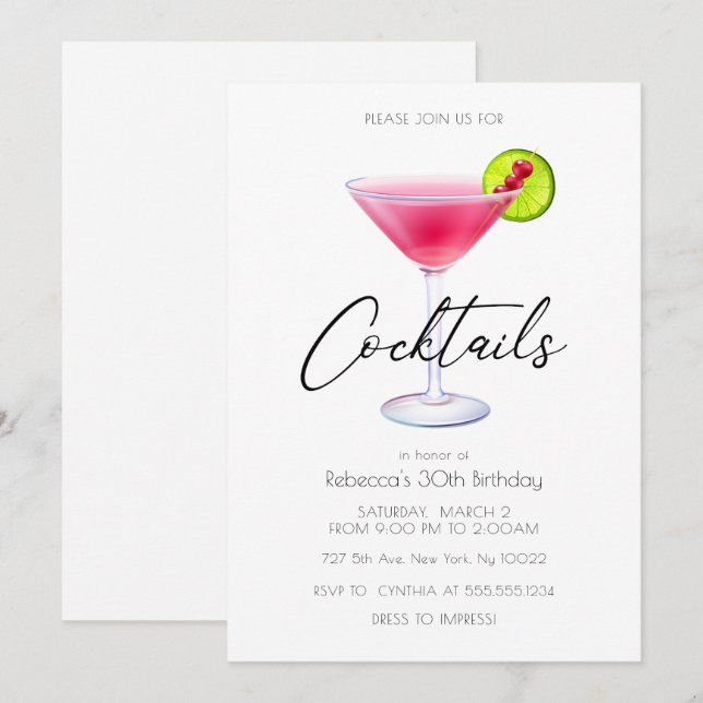 Cartes d'invitation pour soirée cocktail Cosmo (Devant / Derrière)