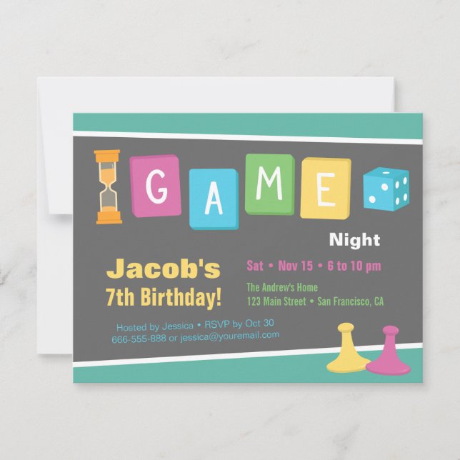 Cartes d'invitation pour soirée de jeux de société (Devant)