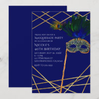 Cartes d'invitation pour soirée masquée au paon bl