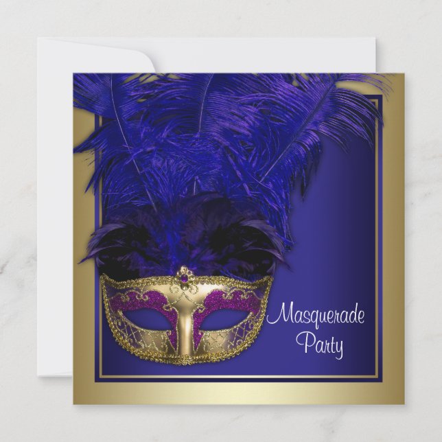 Cartes d'invitation pour soirée masquée bleu royal (Devant)