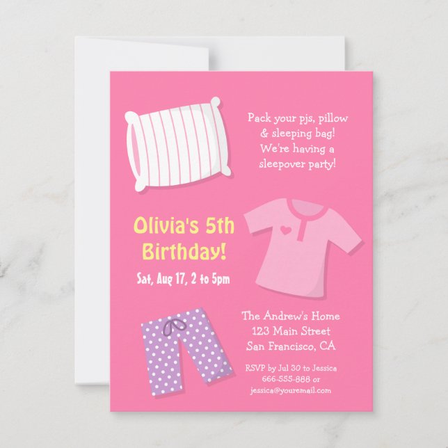 Cartes d'invitation pour soirée pyjama d'anniversa (Devant)