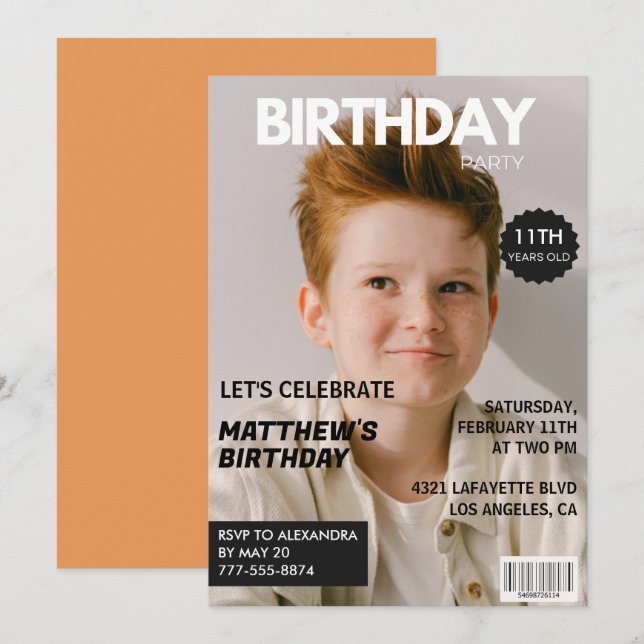 Cartes d'invitation pour son 11ème anniversaire Ma (Devant / Derrière)