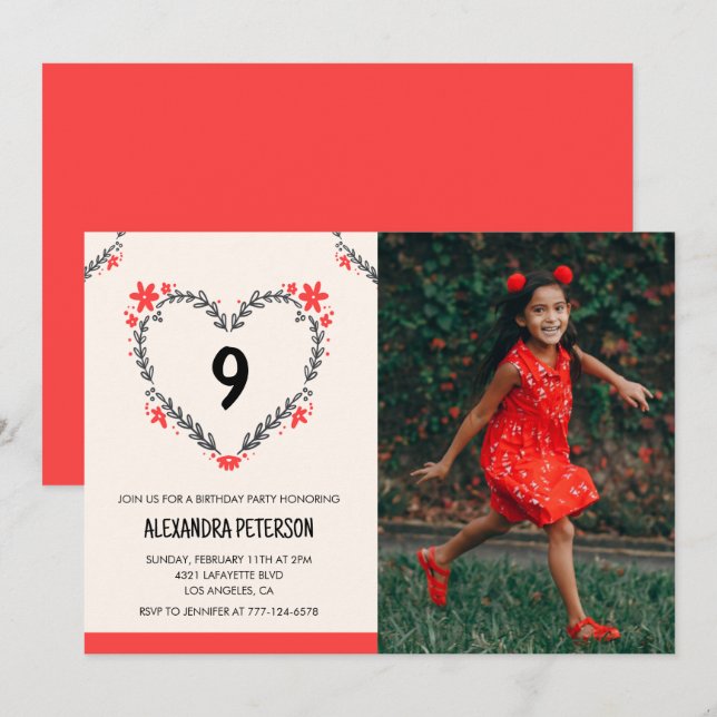 Cartes d'invitation pour son 9e anniversaire Flora (Devant / Derrière)