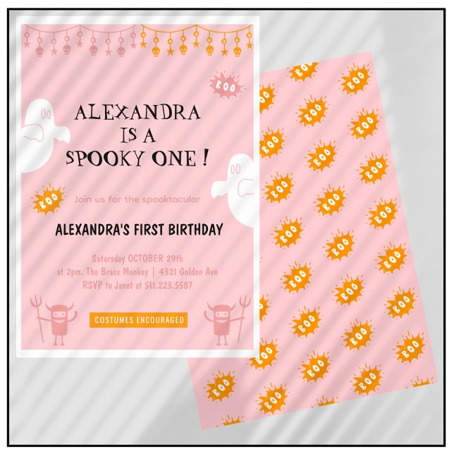 Cartes d'invitation pour un 1er anniversaire Hallo (Halloween-1st-birthday-invitations-Spooktacular-pink-1)