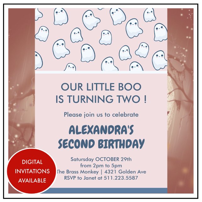 Cartes d'invitation pour un 2ème anniversaire Hall (halloween-2nd-birthday-invitation-pink-ghosts-1)