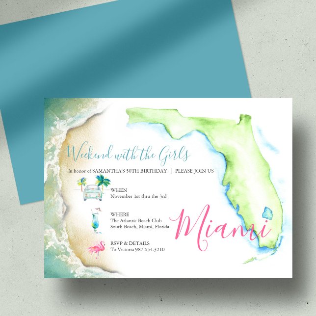 Cartes d'invitation pour un 50e anniversaire en Fl (50th Birthday Girls Trip Watercolor Illustrated Invitation)