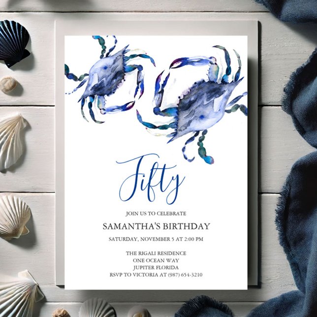 Cartes d'invitation pour un 50e anniversaire sur l (50th Birthday invitations blue watercolor crab art by Victoria Grigaliunas of Do Tell A Belle)