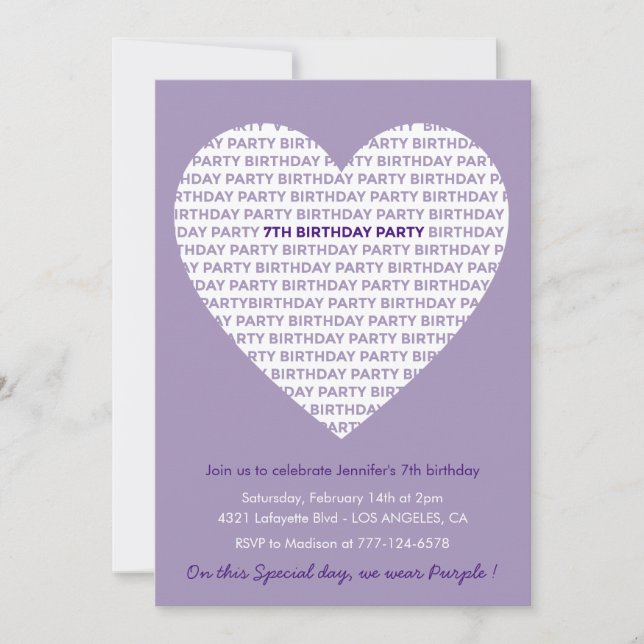 Cartes d'invitation pour un 7ème anniversaire Cœur (Devant)