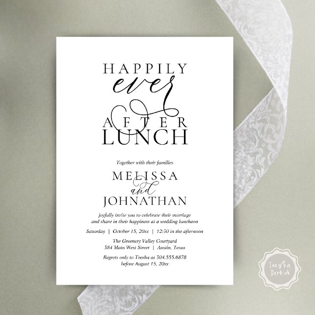 Cartes d'invitation pour un déjeuner de mariage, É (Wedding Lunch Invites, Elegant Happily Ever After Invitation Card in Black and White)