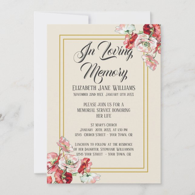 Cartes d'invitation pour un service commémoratif | (Devant)