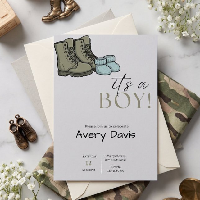 Cartes d'invitation pour une douche : Bottes de co (Combat Boots & Baby Booties Invitation | "It's a Boy" Military Baby Shower)