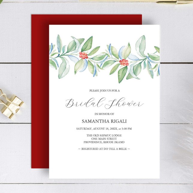 Cartes d'invitation pour une douche de mariée hive (Winter bridal shower theme features Christmas Watercolor art by Victoria Grigaliunas Do Tell A Belle)