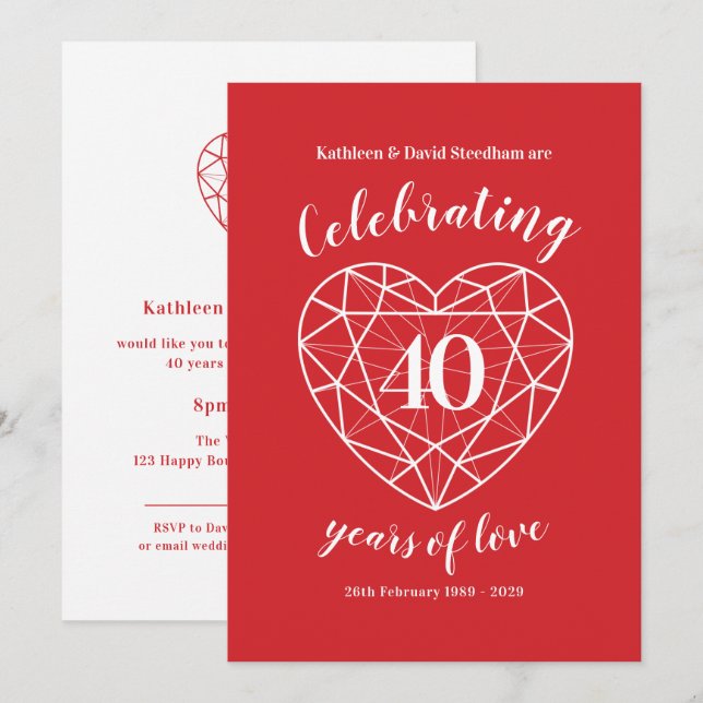 Cartes d'invitation pour une fête célébrant 40 ans (Devant / Derrière)